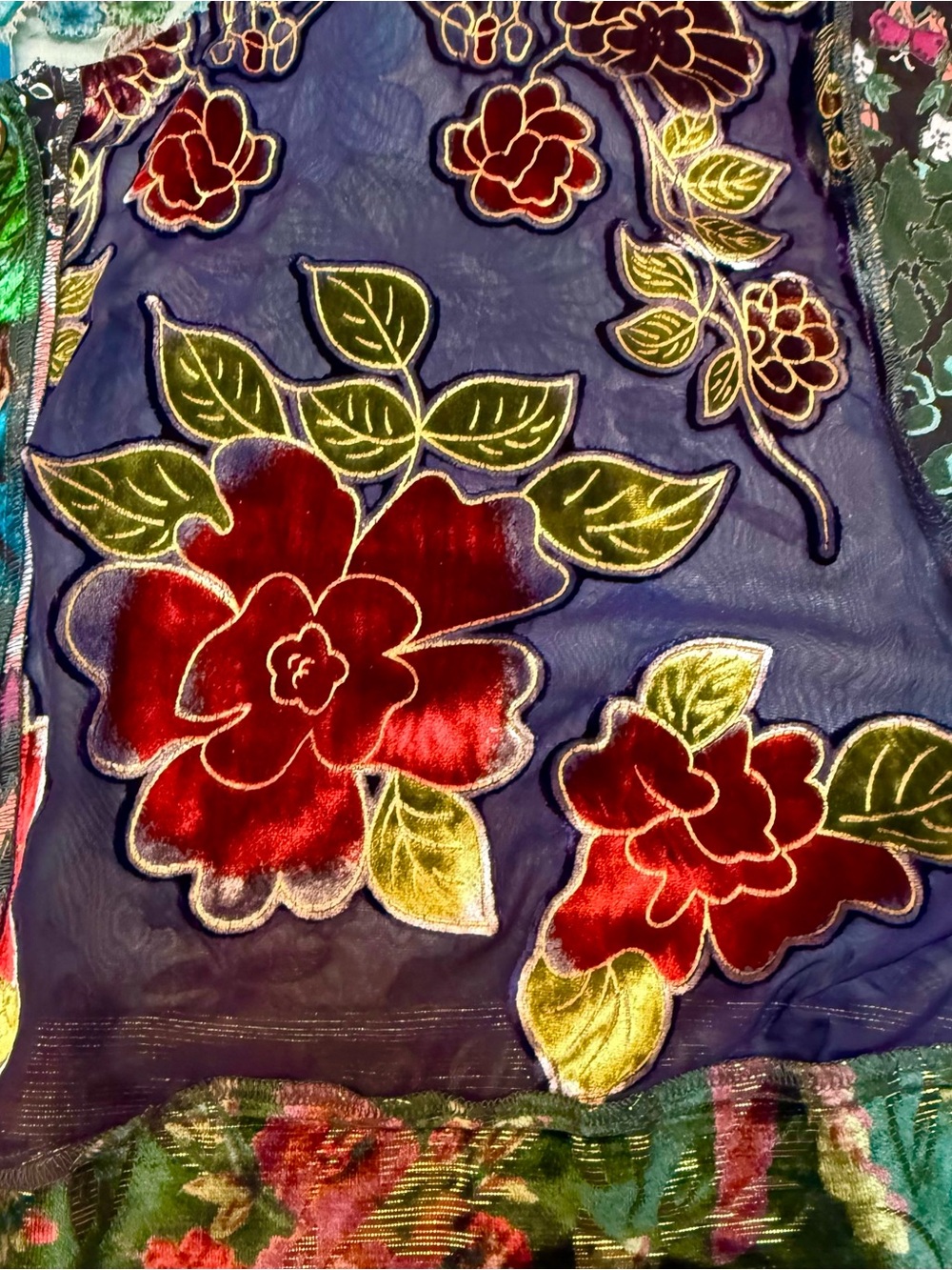 Patchwork Velvet Button-Front Blouse - Green Multi - Picture 7 of 14